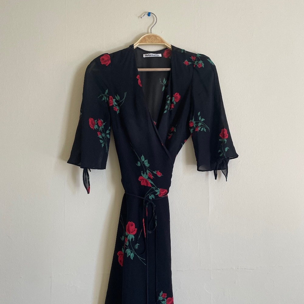 Reformation Wrap Rose Dress with tie sleeves